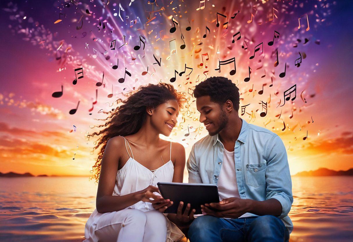 A couple sharing music on a digital device, surrounded by vibrant memories captured as floating images of their romantic moments. The background features a dreamy blend of musical notes and soft light, creating an ethereal atmosphere, symbolizing the connection between music and memories. Emphasize warm colors and an inviting vibe. super-realistic. vibrant colors. dreamy background.