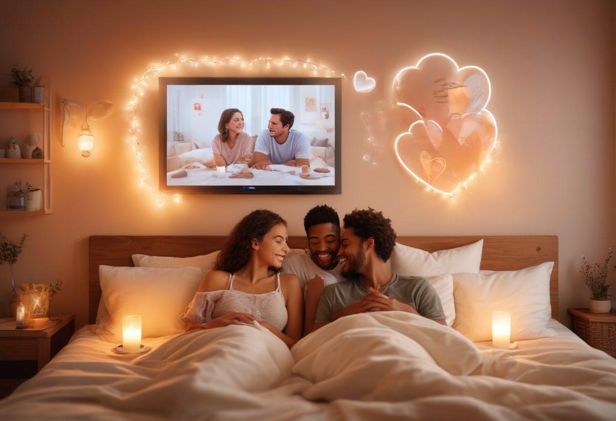 A warm, inviting scene depicting a couple engaged in a video call, their faces illuminated by soft, glowing screens. In the background, symbols of digital communication like text bubbles, hearts, and emojis float around, illustrating the theme of connectedness through technology. The couple is surrounded by subtle elements of romance, such as candles and soft pillows, creating a cozy atmosphere. The color palette should include soft pastels with pops of vibrant colors to evoke a sense of love and intimacy. super-realistic. vibrant colors. cozy atmosphere.